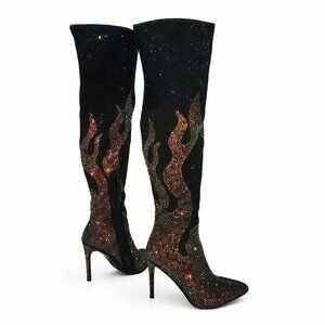 Fire Black & Gold Rhinestone Flame Detail Sexy High Heel OTK Thigh Boots